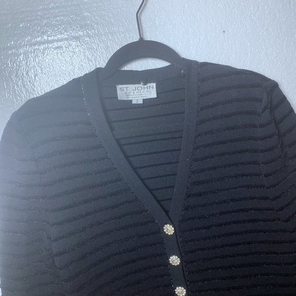St. John Evening Womens Sz 2 Black Sequin Bling Cardigan Sweater Rhinestone Knit - Picture 4 of 11